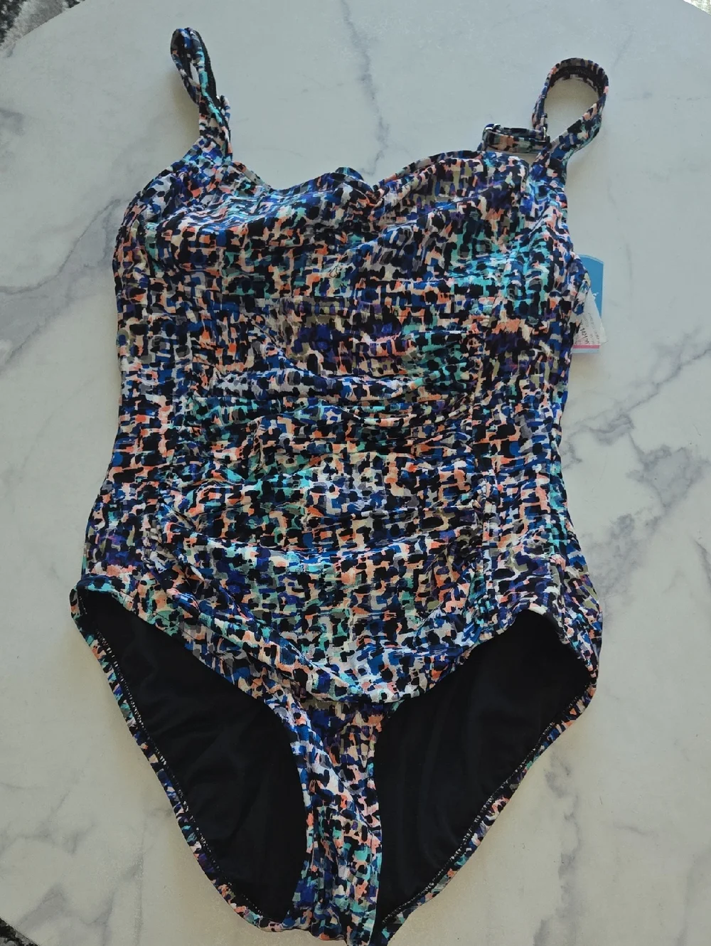 Swim Solutions Women's Shirred Front Tummy Control One-Piece Swimsuit Sz 16 NWT - Picture 5 of 10
